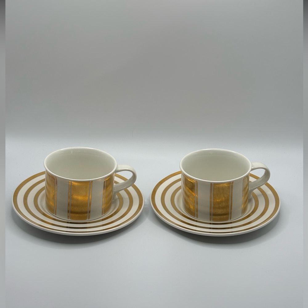 VTG Mikasa FIFTH AVENUE CAA74  Two Cup & Saucers Gold Stripes Japan Laurie Gates